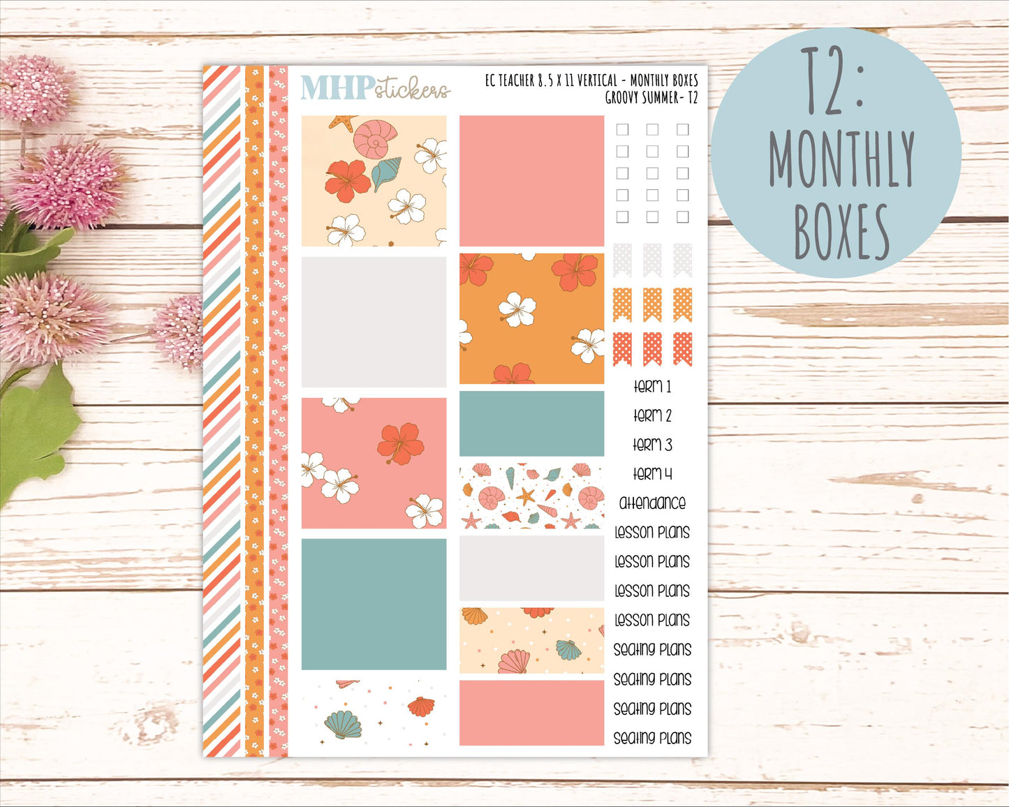AUGUST Stickers for EC Teacher Lesson Planner - Vertical Layout. 2026 Collection "Groovy Summer" || ECTV