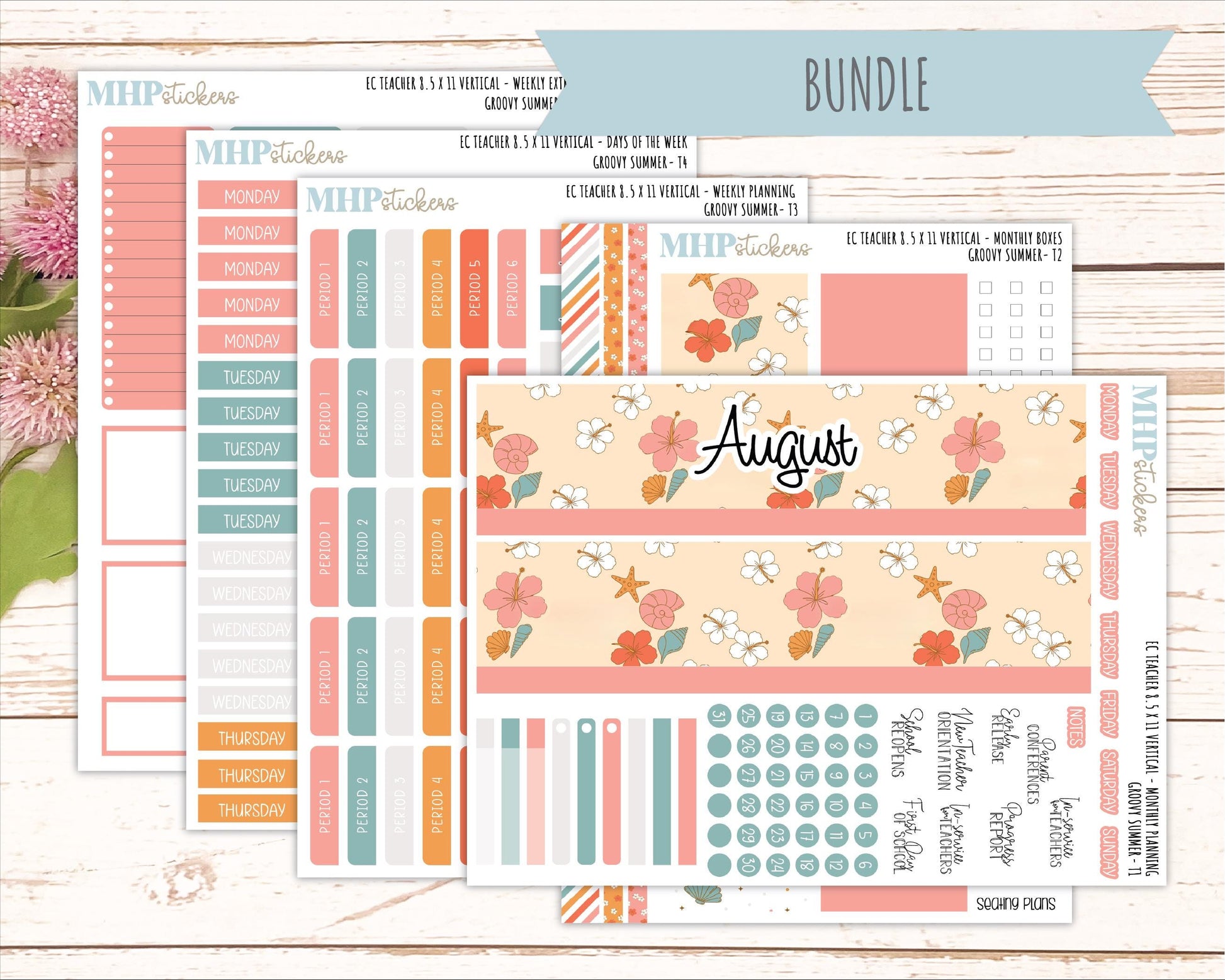 AUGUST Stickers for EC Teacher Lesson Planner - Vertical Layout. 2026 Collection "Groovy Summer" || ECTV