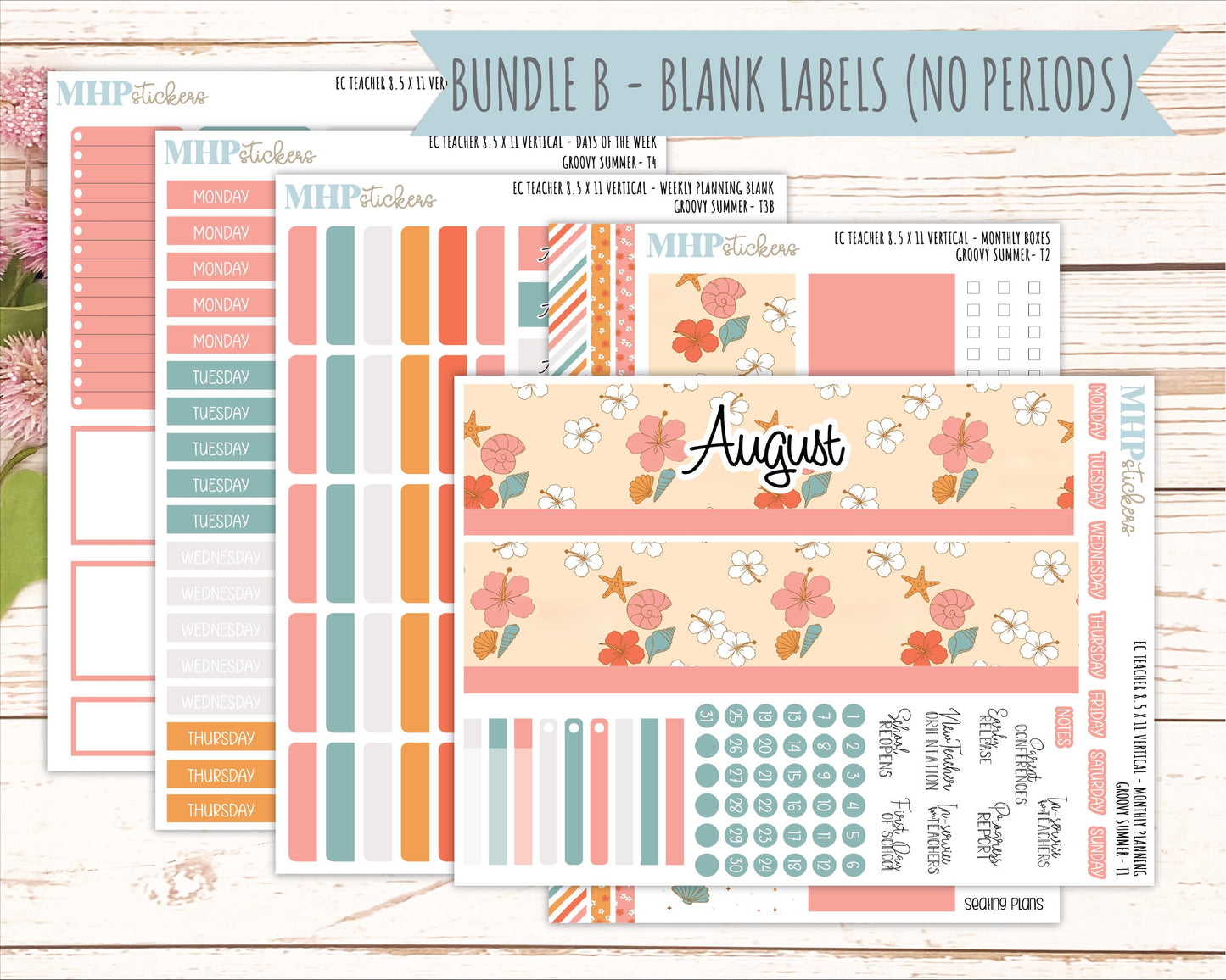 AUGUST Stickers for EC Teacher Lesson Planner - Vertical Layout. 2026 Collection "Groovy Summer" || ECTV