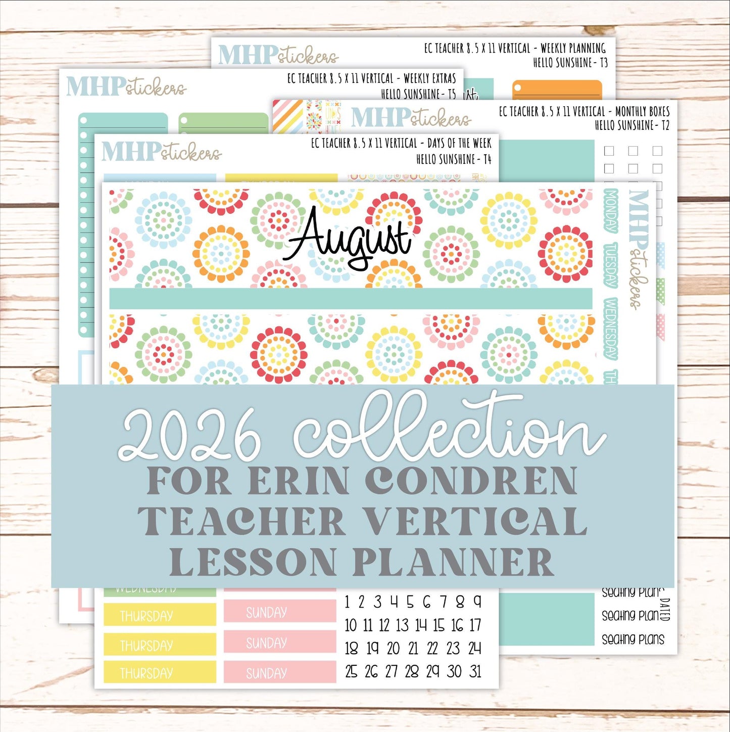 AUGUST Stickers for EC Teacher Lesson Planner - Vertical Layout. 2026 Collection "Hello Sunshine" || ECTV