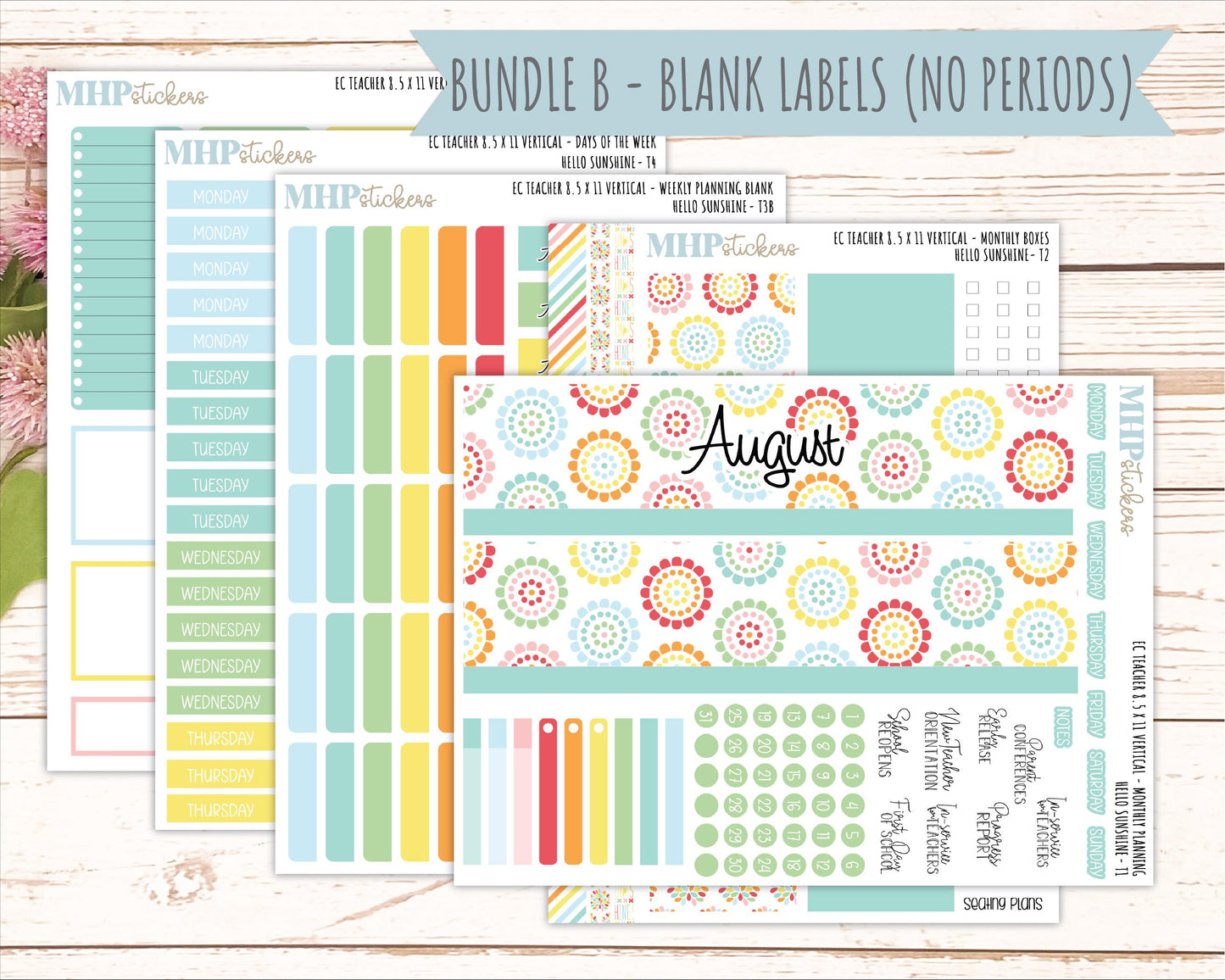 AUGUST Stickers for EC Teacher Lesson Planner - Vertical Layout. 2026 Collection "Hello Sunshine" || ECTV