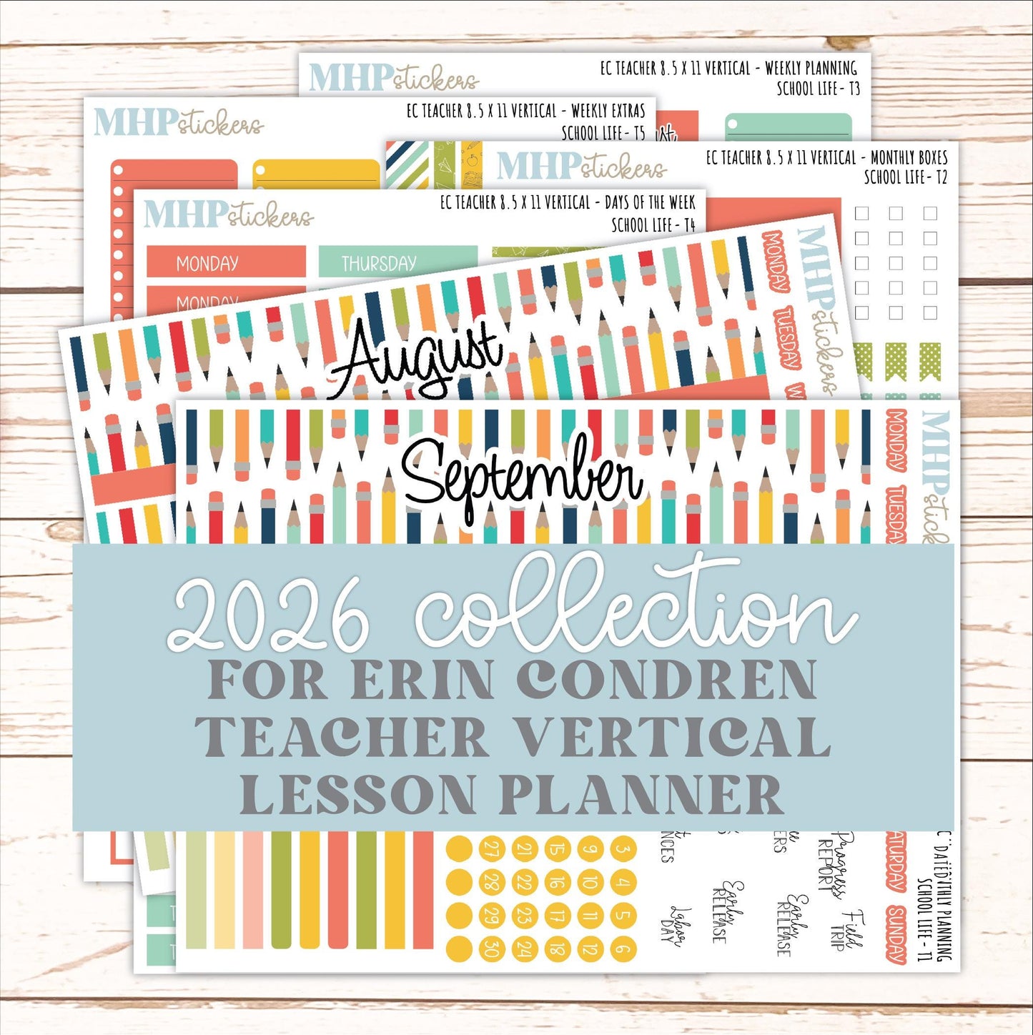 AUGUST & SEPTEMBER Stickers for Erin Condren Teacher Lesson Planner - Vertical Layout. 2026 Collection "Hello Sunshine" || ECTV
