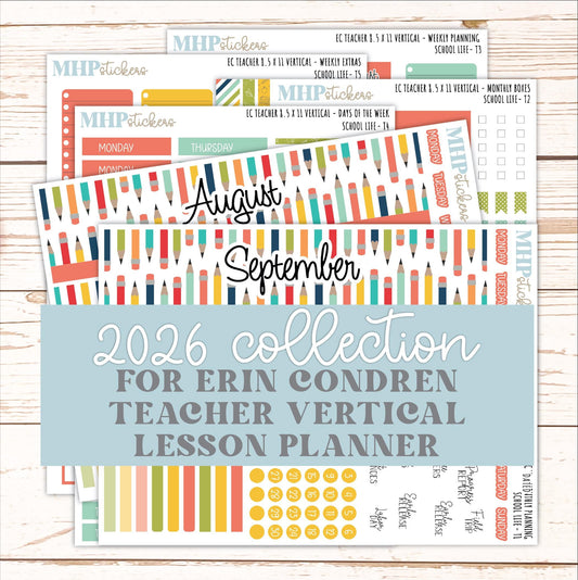 AUGUST & SEPTEMBER Stickers for Erin Condren Teacher Lesson Planner - Vertical Layout. 2026 Collection "Hello Sunshine" || ECTV