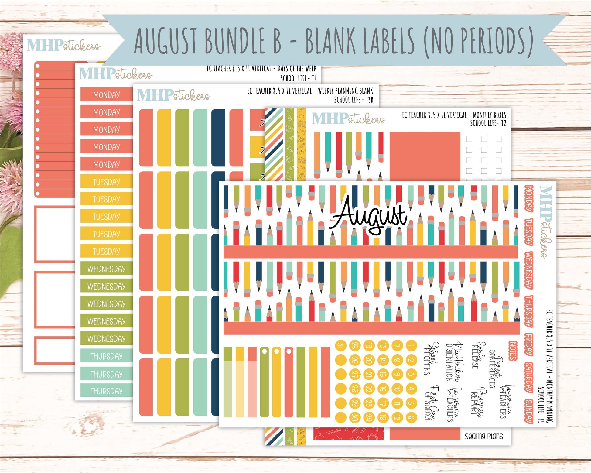 AUGUST & SEPTEMBER Stickers for Erin Condren Teacher Lesson Planner - Vertical Layout. 2026 Collection "Hello Sunshine" || ECTV