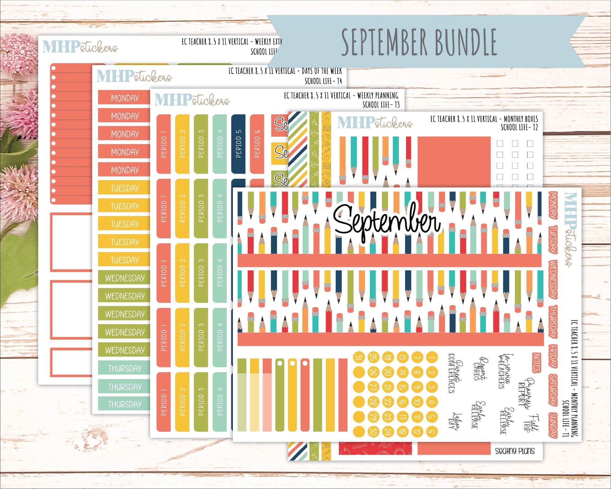 AUGUST & SEPTEMBER Stickers for Erin Condren Teacher Lesson Planner - Vertical Layout. 2026 Collection "Hello Sunshine" || ECTV