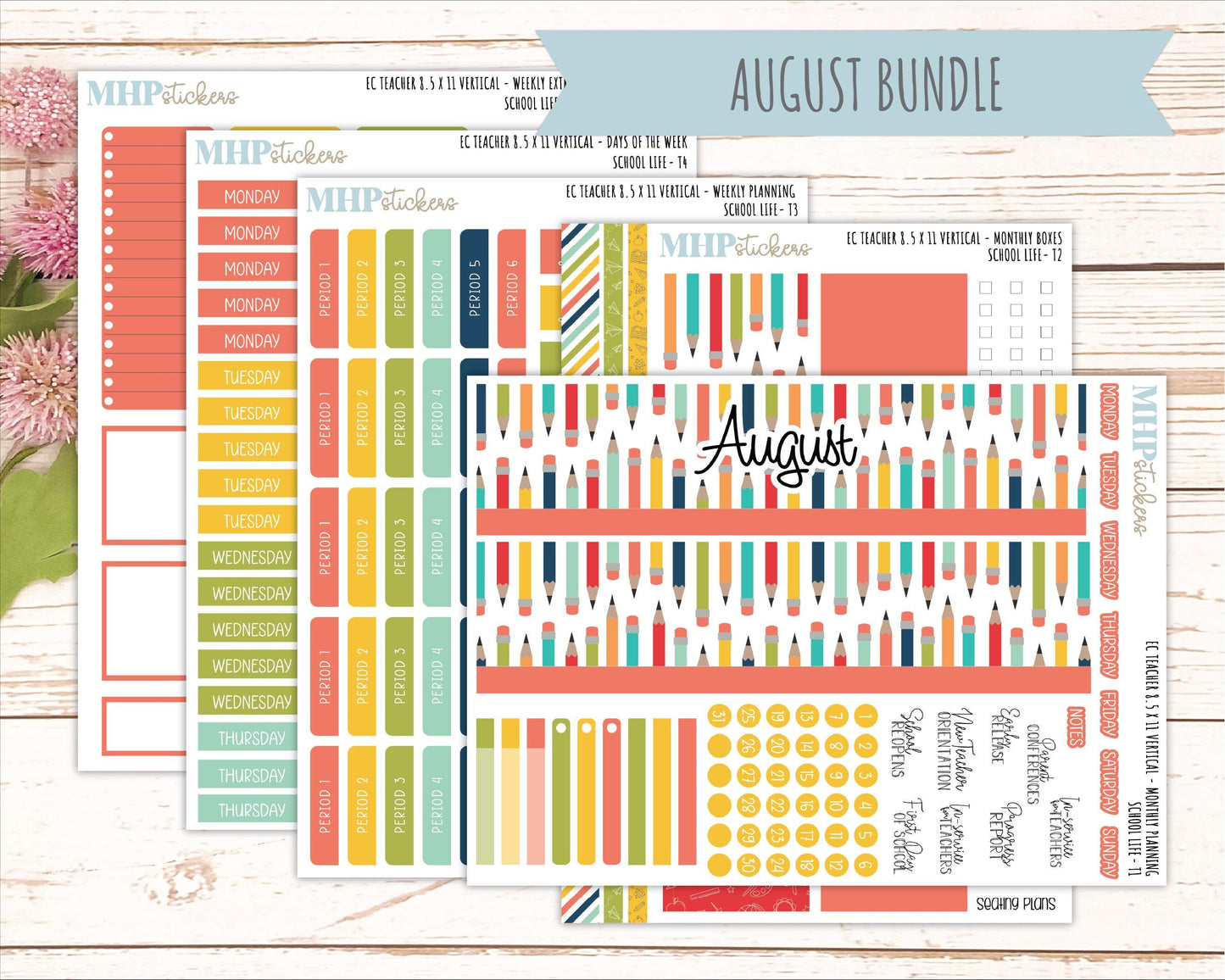 AUGUST & SEPTEMBER Stickers for Erin Condren Teacher Lesson Planner - Vertical Layout. 2026 Collection "Hello Sunshine" || ECTV
