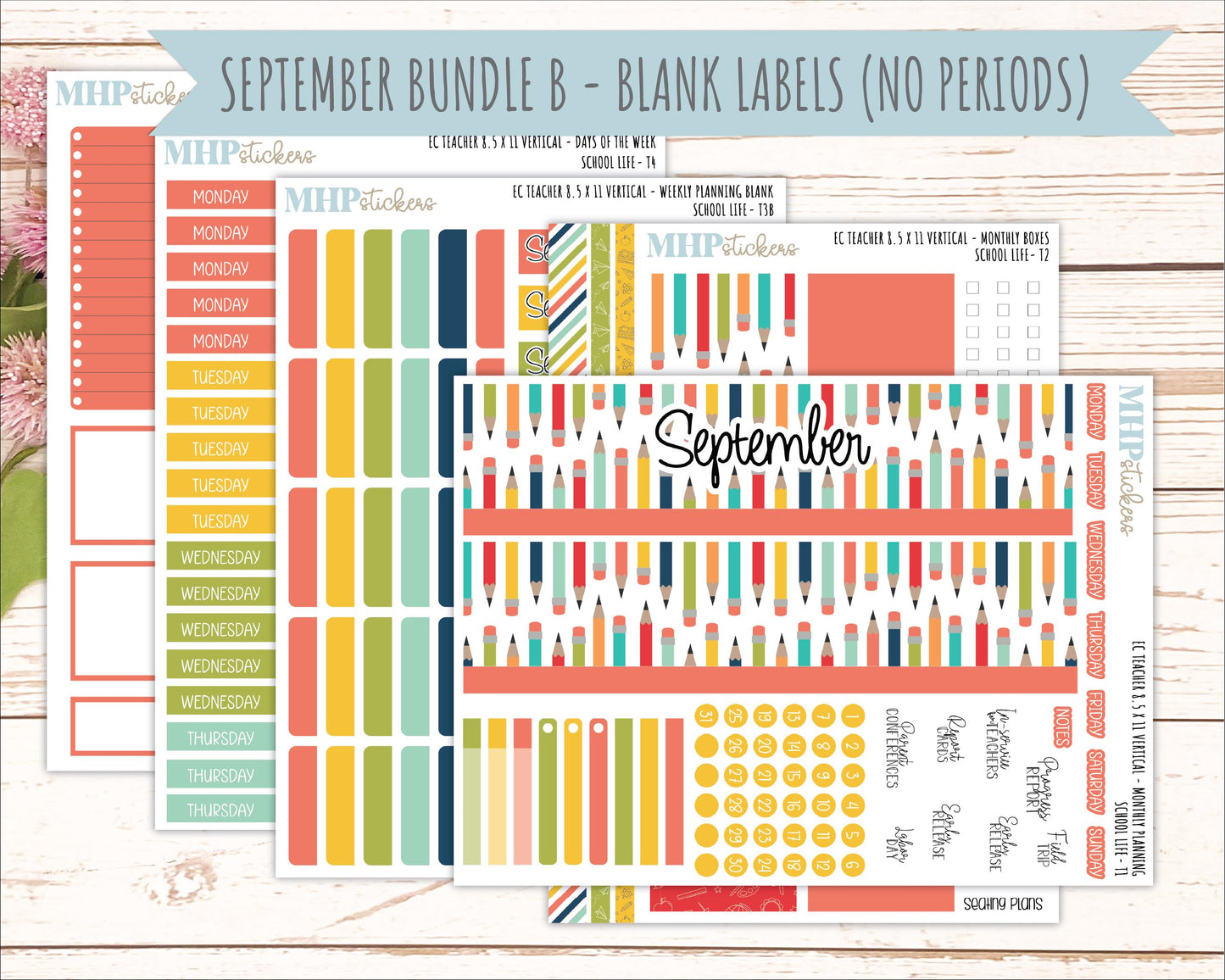 AUGUST & SEPTEMBER Stickers for Erin Condren Teacher Lesson Planner - Vertical Layout. 2026 Collection "Hello Sunshine" || ECTV