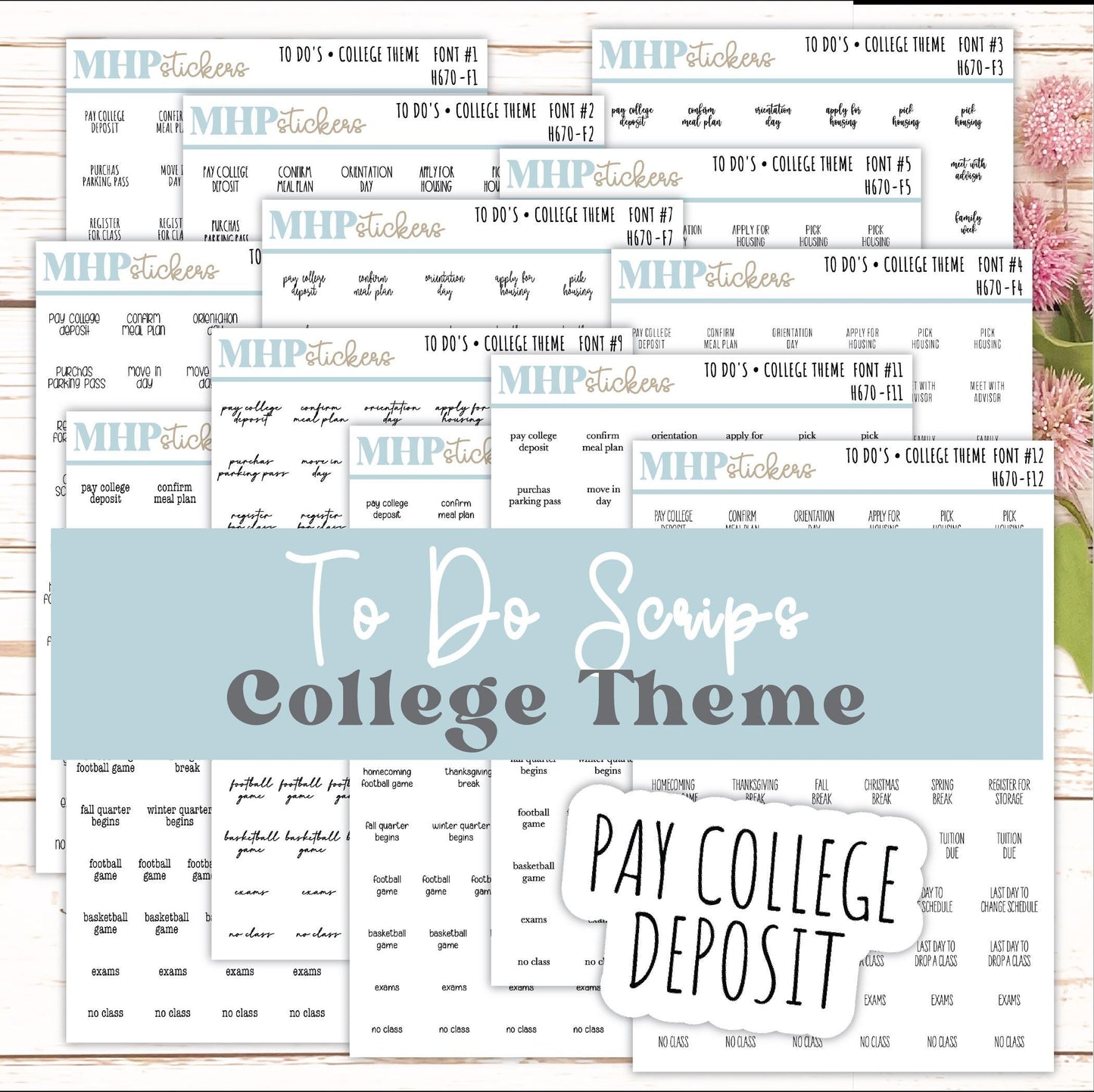 To Do Scrips - College Theme. Sticker for Planners, Organizers, and Bullet Journals. || H670