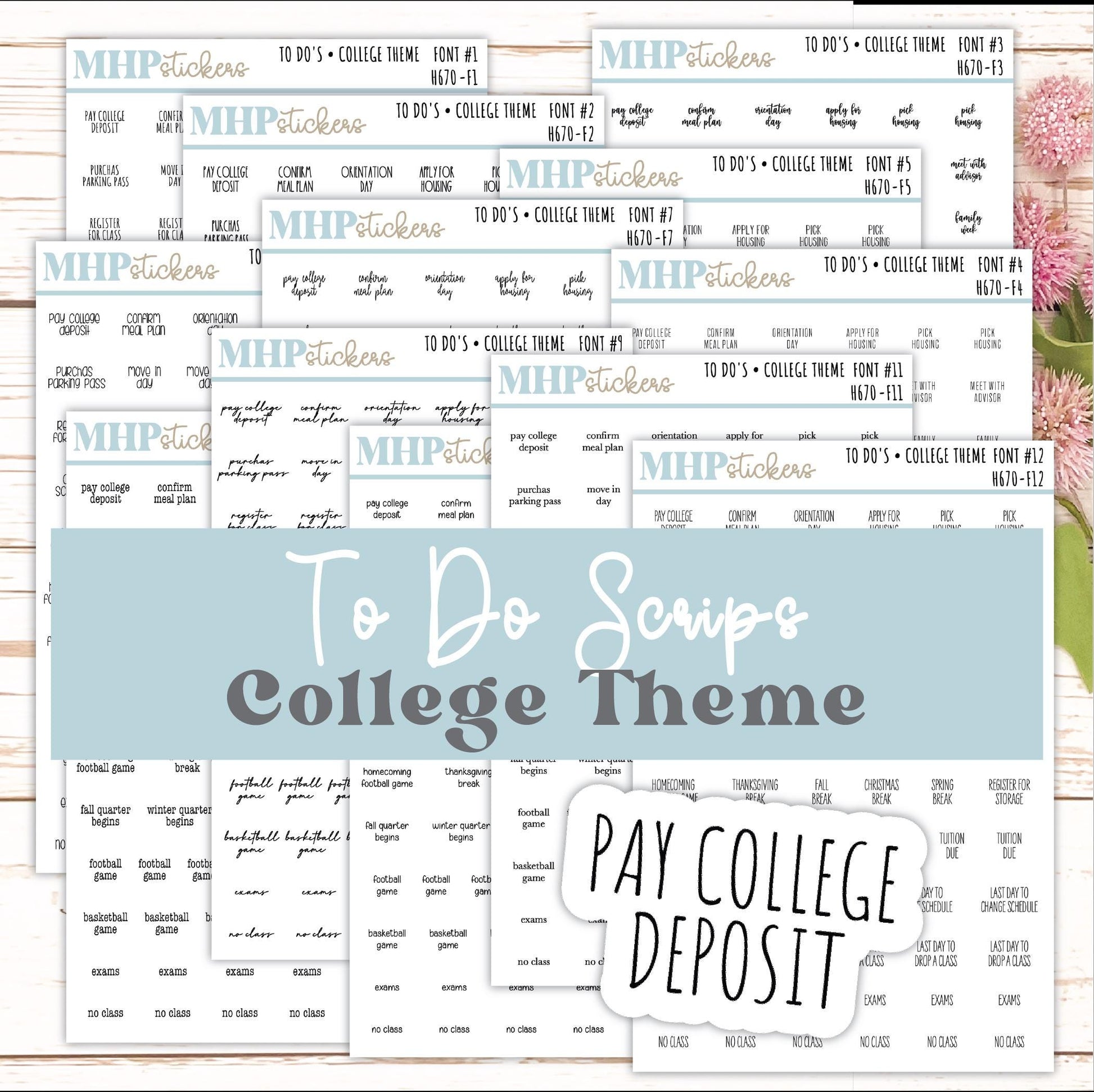 To Do Scrips - College Theme. Sticker for Planners, Organizers, and Bullet Journals. || H670