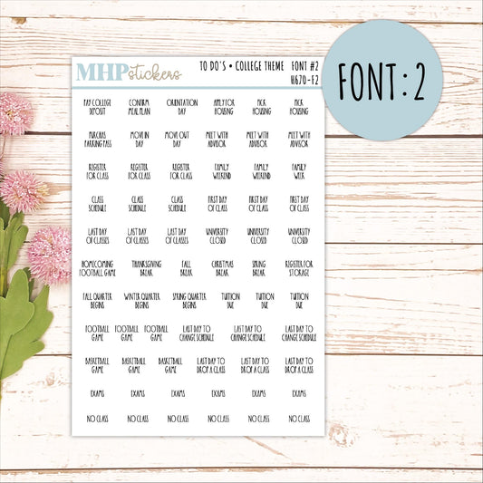 To Do Scrips - College Theme. Sticker for Planners, Organizers, and Bullet Journals. || H670