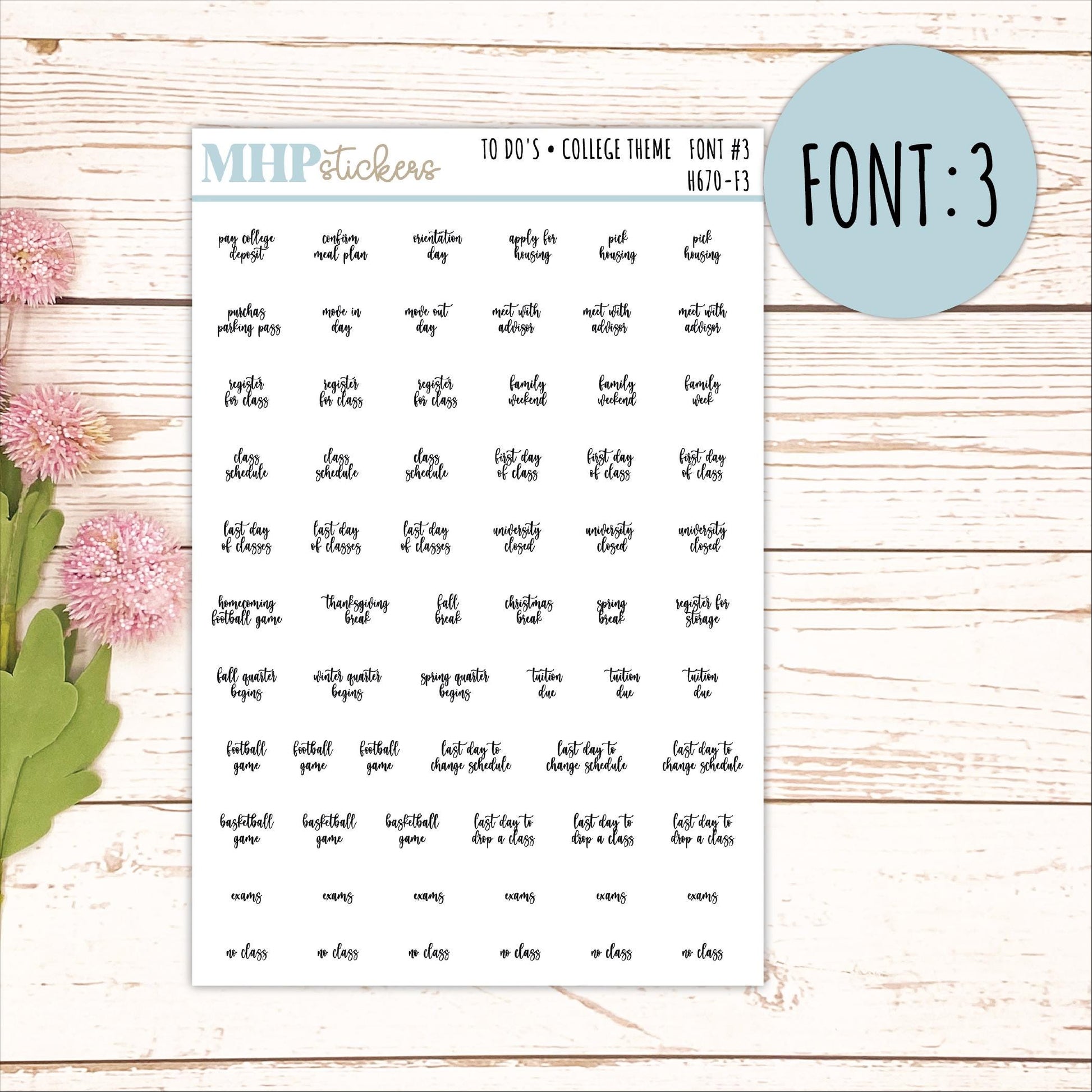 To Do Scrips - College Theme. Sticker for Planners, Organizers, and Bullet Journals. || H670
