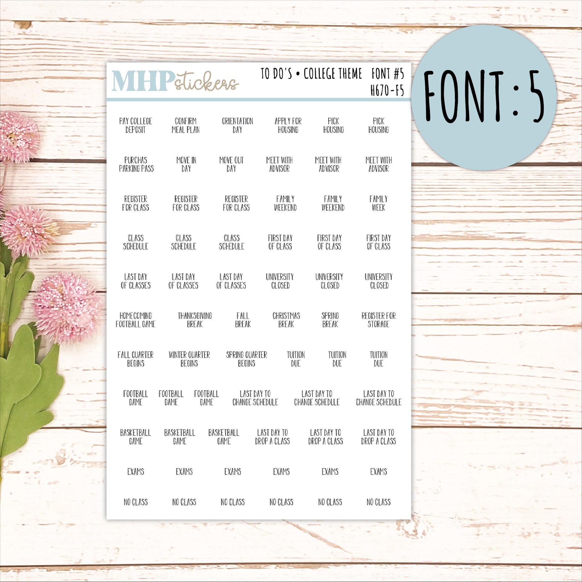 To Do Scrips - College Theme. Sticker for Planners, Organizers, and Bullet Journals. || H670