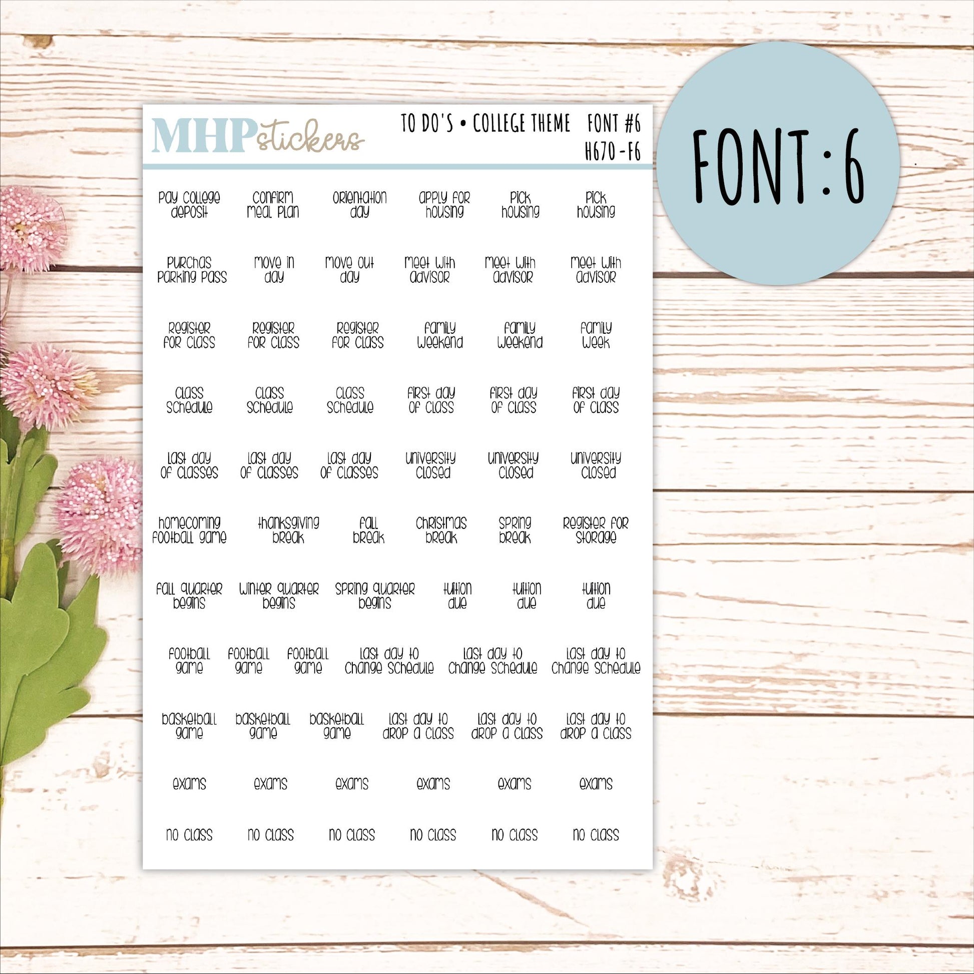 To Do Scrips - College Theme. Sticker for Planners, Organizers, and Bullet Journals. || H670