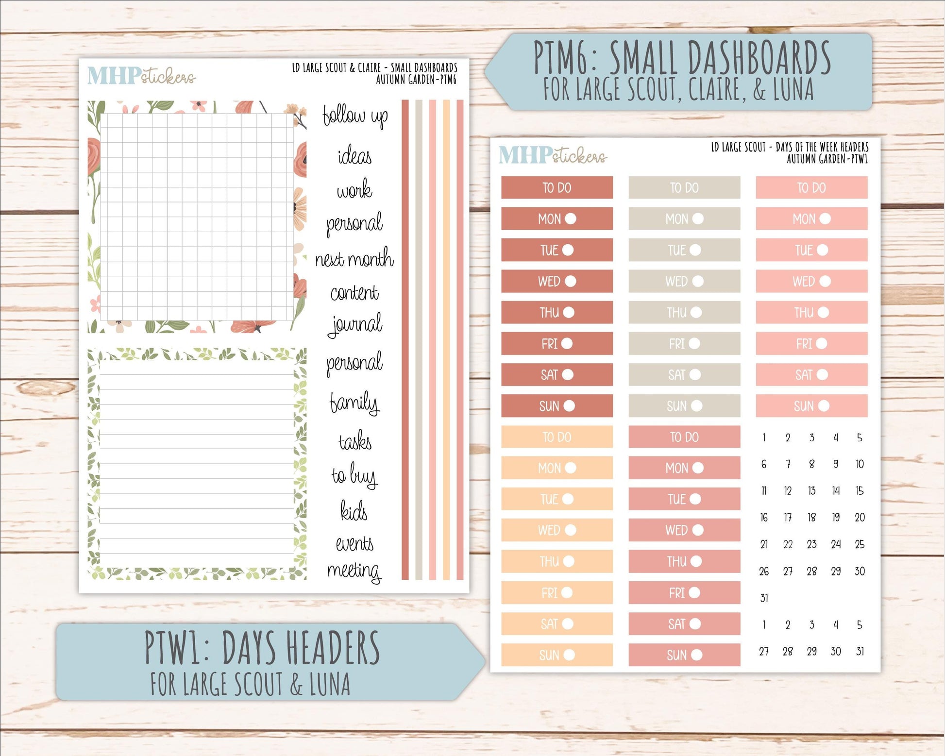 SEPTEMBER 2026 Stickers for the Large Scout, Large Claire, and Large Luna Laurel Denise Planners "Autumn Garden" || PT