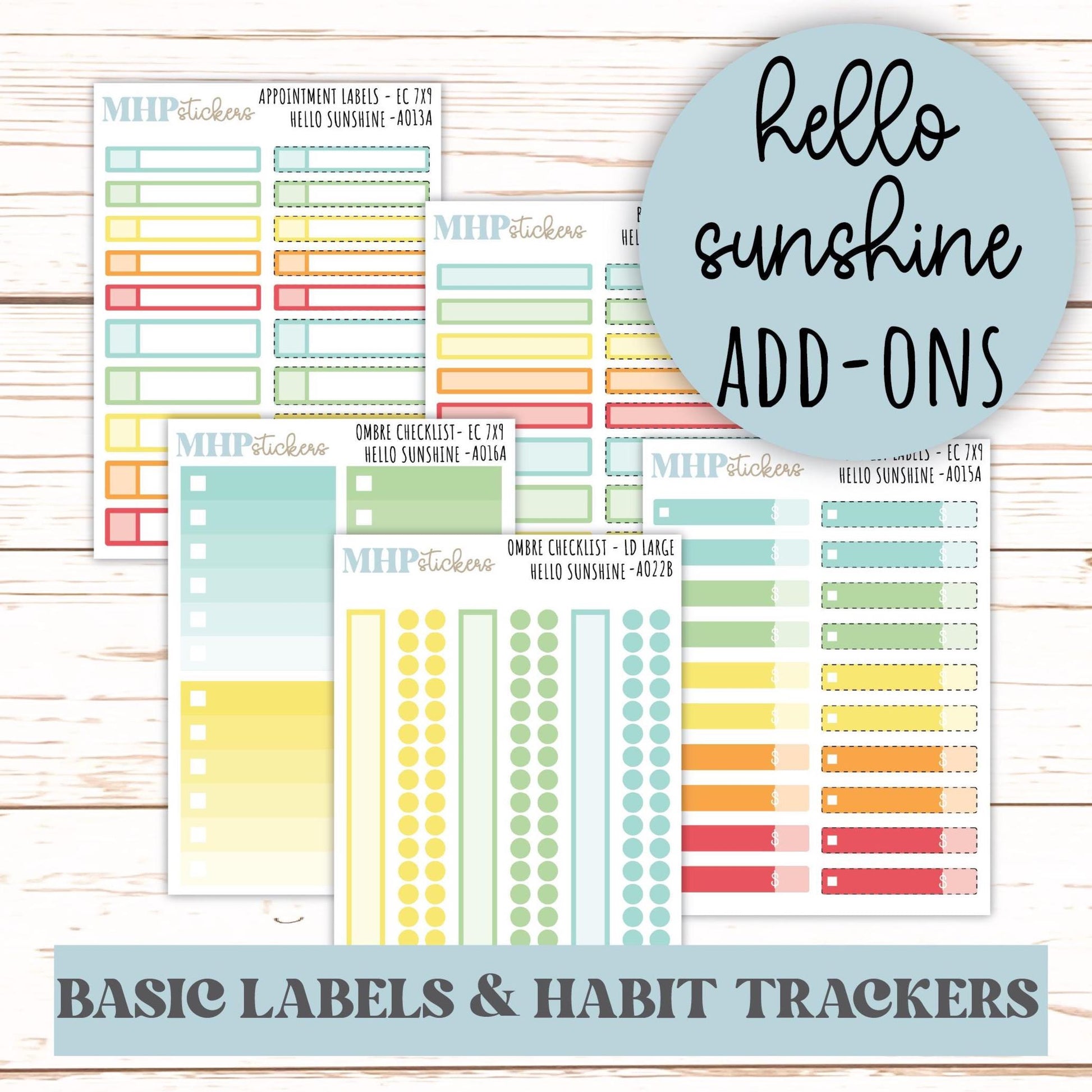 Basic Labels & Habit Trackers. ADD-Ons for Monthly Kits "Hello Sunshine" || AOBL