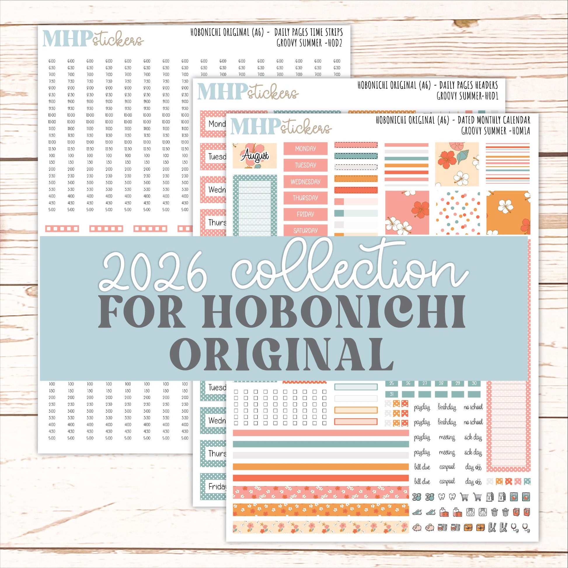 AUGUST 2026 Stickers for Hobonichi Techo Original. A6 Planners "Groovy Summer" || HO