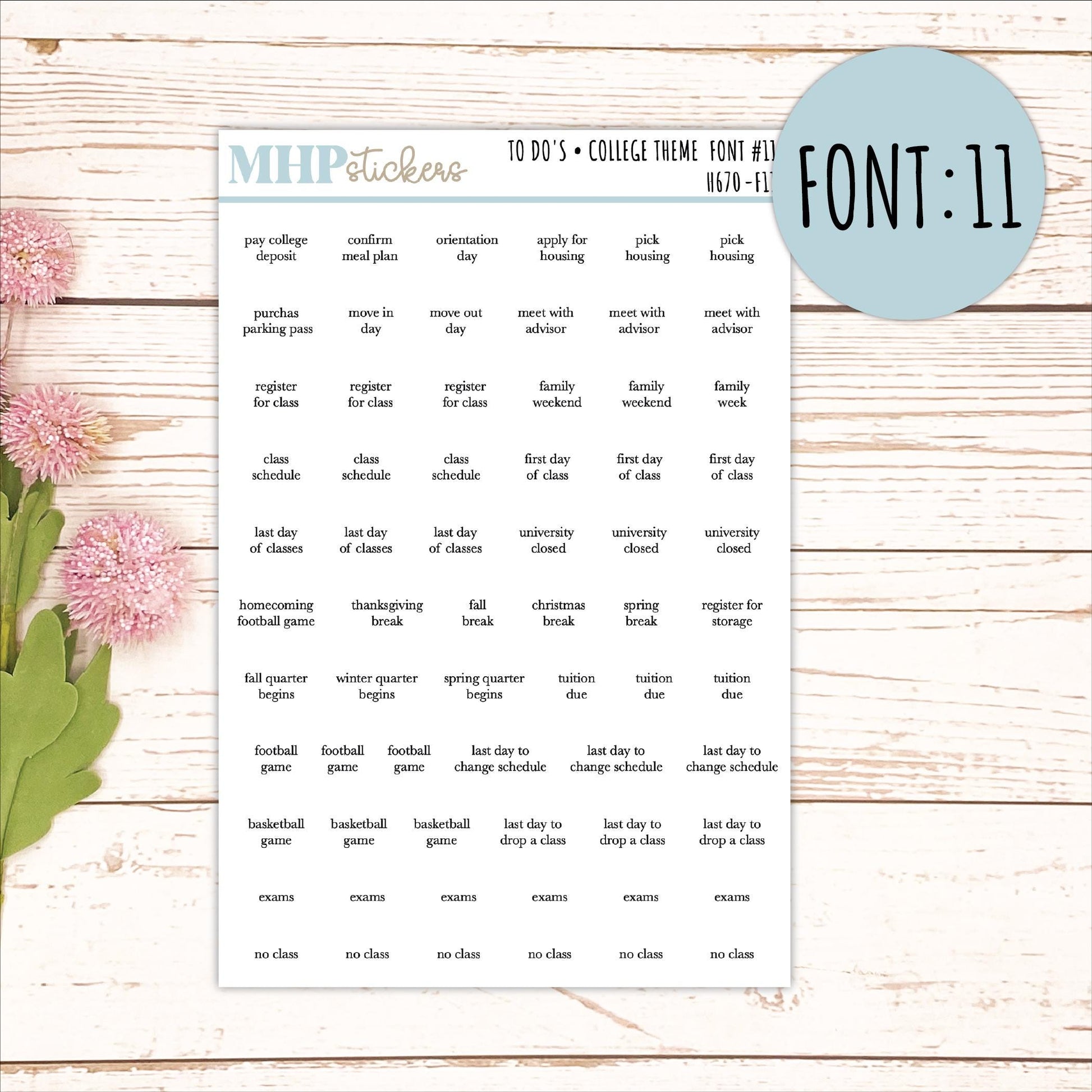 To Do Scrips - College Theme. Sticker for Planners, Organizers, and Bullet Journals. || H670