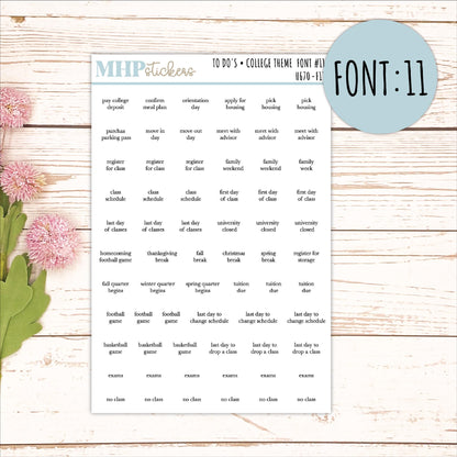 To Do Scrips - College Theme. Sticker for Planners, Organizers, and Bullet Journals. || H670