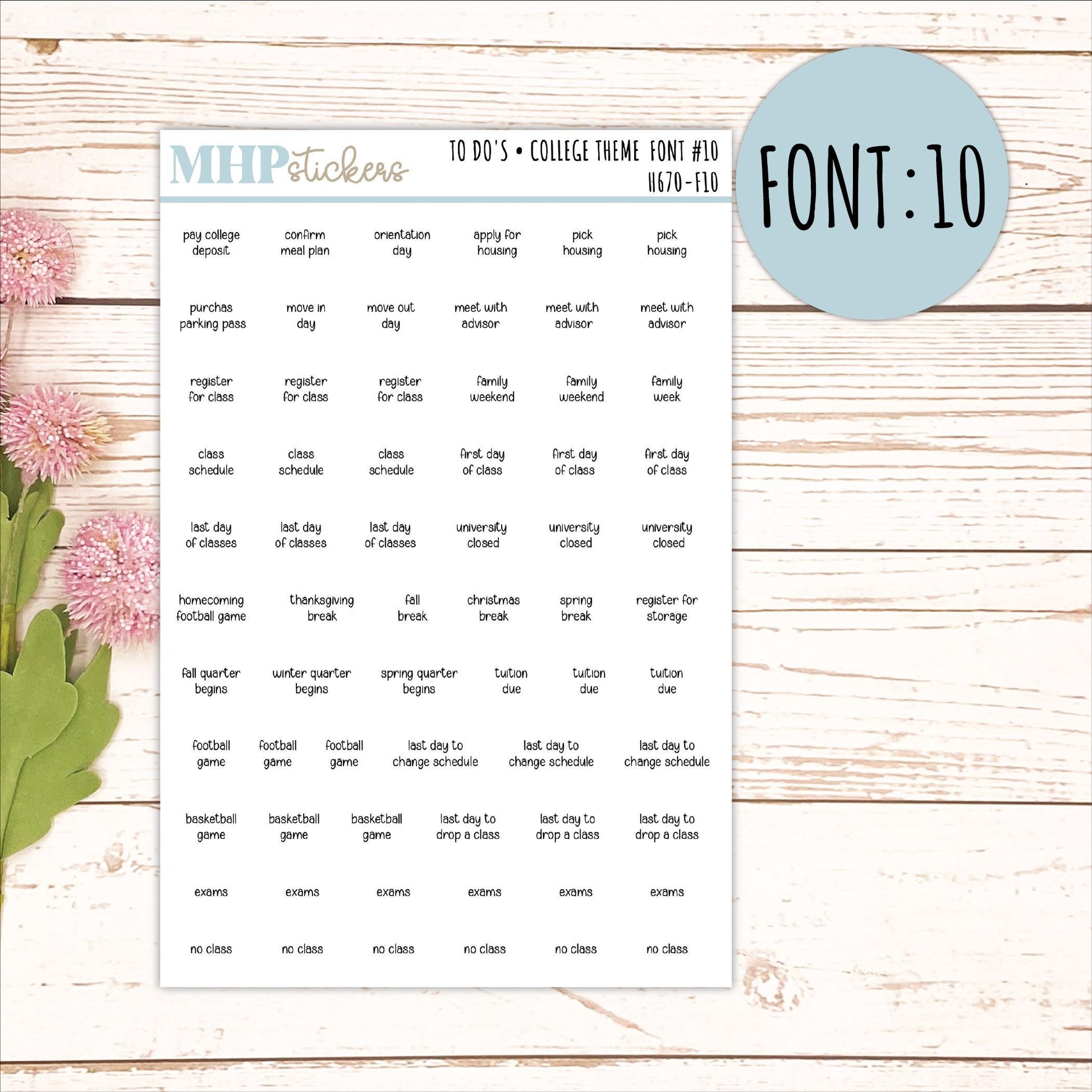 To Do Scrips - College Theme. Sticker for Planners, Organizers, and Bullet Journals. || H670