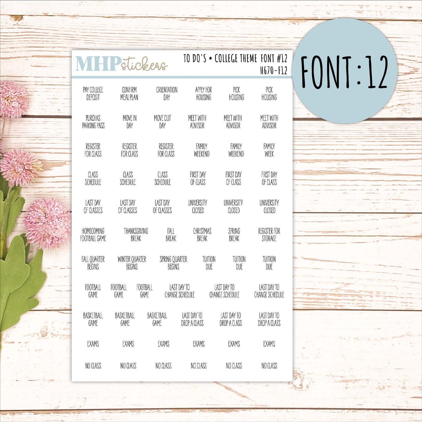 To Do Scrips - College Theme. Sticker for Planners, Organizers, and Bullet Journals. || H670