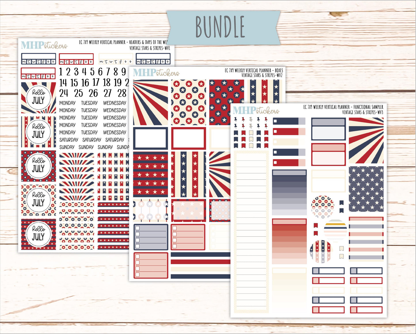 JULY Weekly Vertical Kits for 7x9 Erin Condren Planners. 2026 Collection "Vintage Stars & Stripes" || ECWV