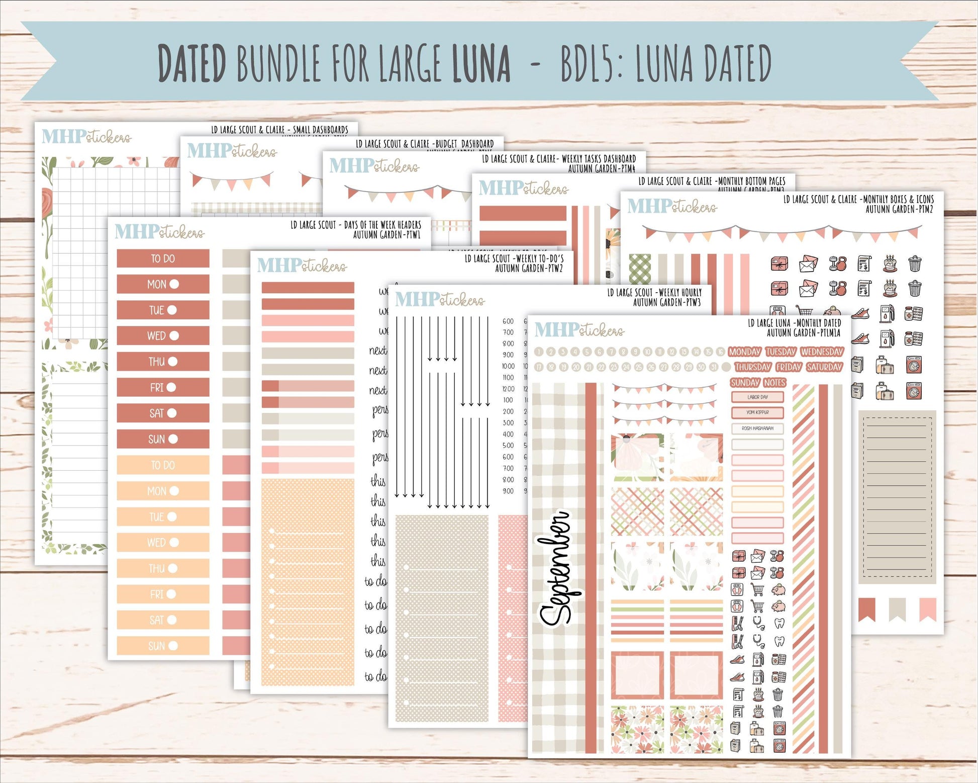 SEPTEMBER 2026 Stickers for the Large Scout, Large Claire, and Large Luna Laurel Denise Planners "Autumn Garden" || PT