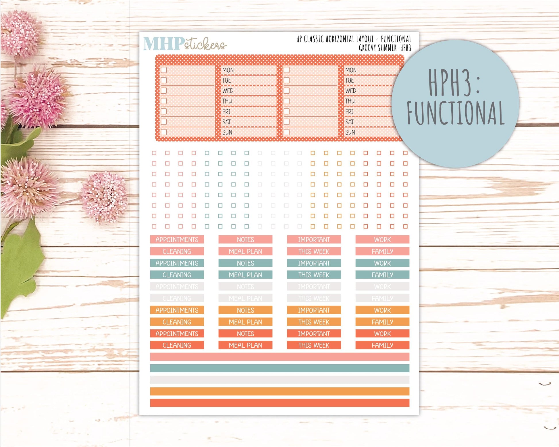AUGUST Stickers for Happy Planner Classic Horizontal Layout. 2026 Collection. "Groovy Summer" || HPH