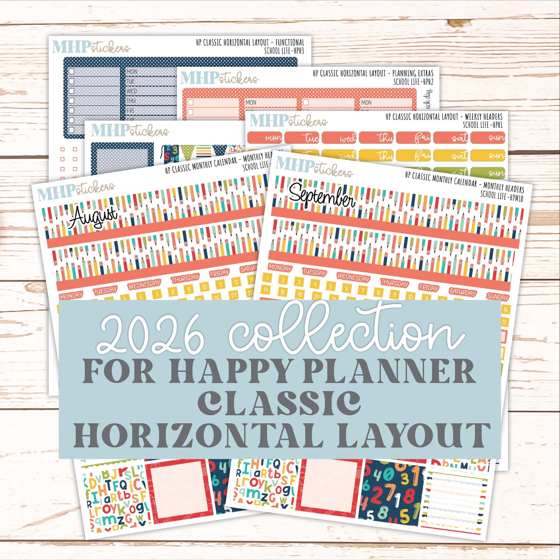 AUGUST & SEPTEMBER Stickers for Happy Planner Classic Horizontal Layout. 2026 Collection. "School Life || HPH