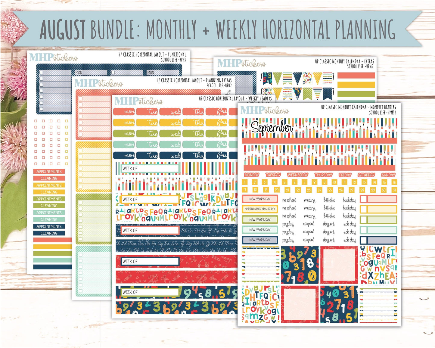 AUGUST & SEPTEMBER Stickers for Happy Planner Classic Horizontal Layout. 2026 Collection. "School Life || HPH
