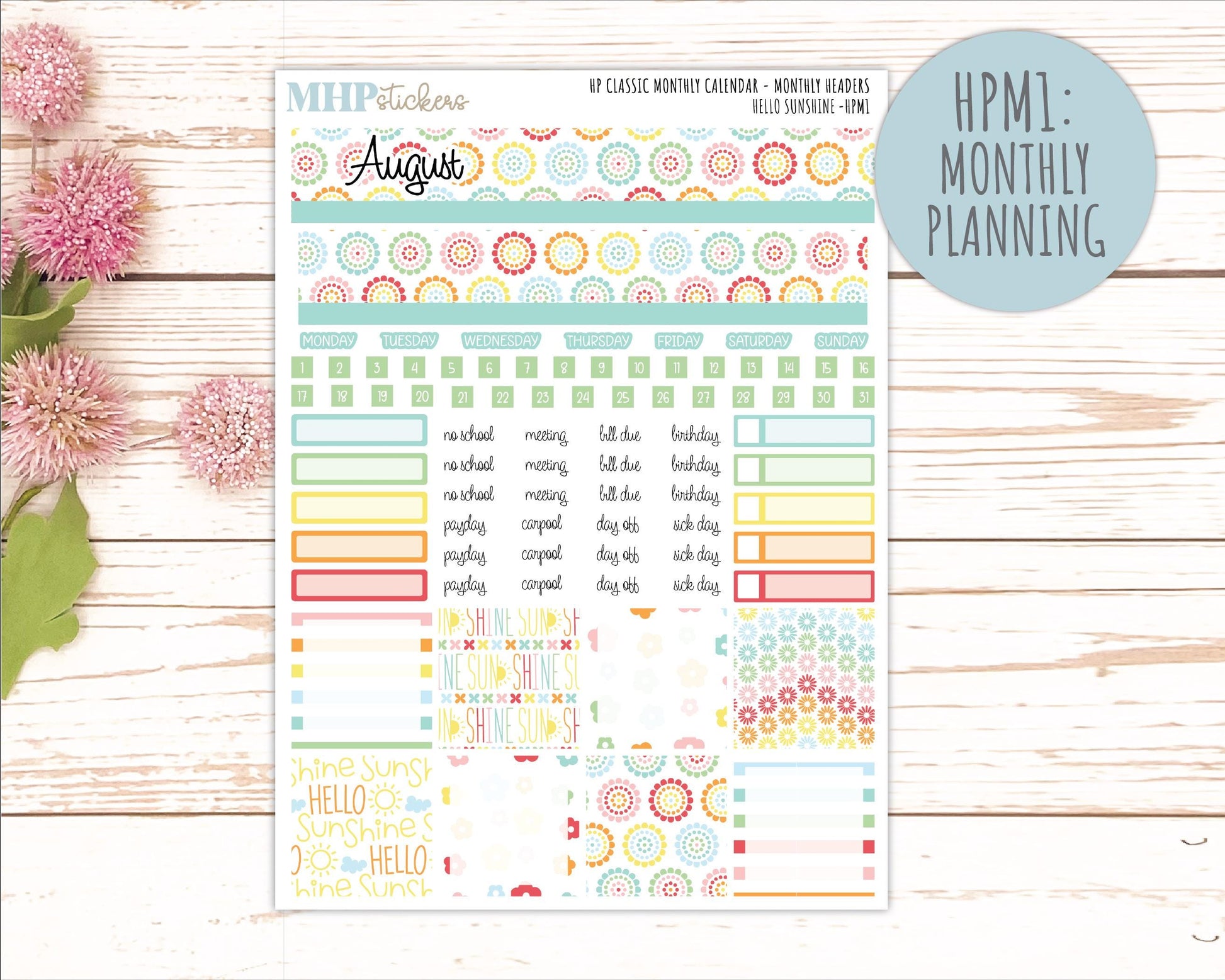 AUGUST Stickers for Happy Planner Classic Dashboard Layout. 2026 Collection. "Hello Sunshine" || HPD