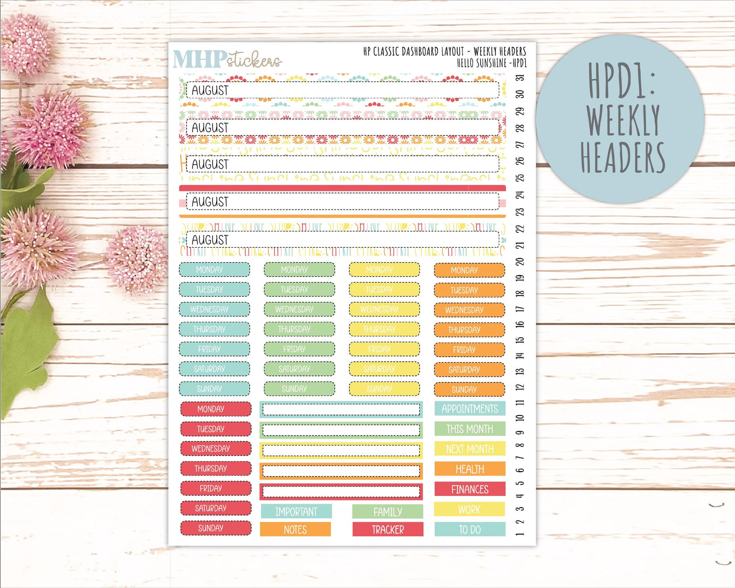 AUGUST Stickers for Happy Planner Classic Dashboard Layout. 2026 Collection. "Hello Sunshine" || HPD