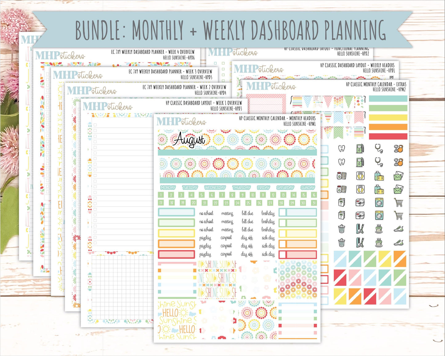 AUGUST Stickers for Happy Planner Classic Dashboard Layout. 2026 Collection. "Hello Sunshine" || HPD