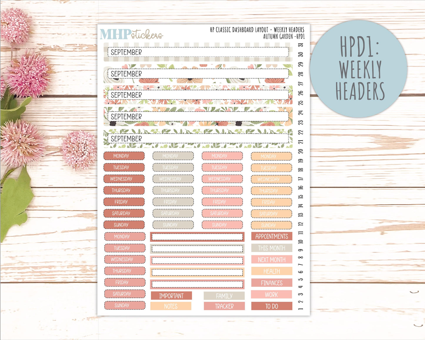 SEPTEMBER Stickers for Happy Planner Classic Dashboard Layout. 2026 Collection. "Autumn Garden" || HPD