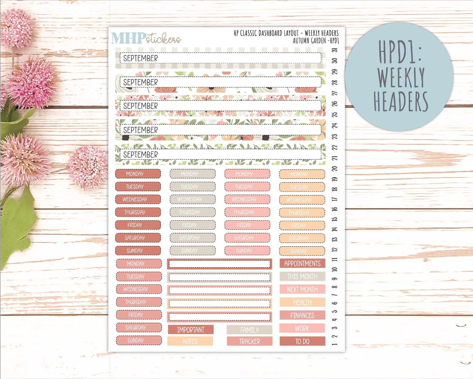 SEPTEMBER Stickers for Happy Planner Classic Dashboard Layout. 2026 Collection. "Autumn Garden" || HPD