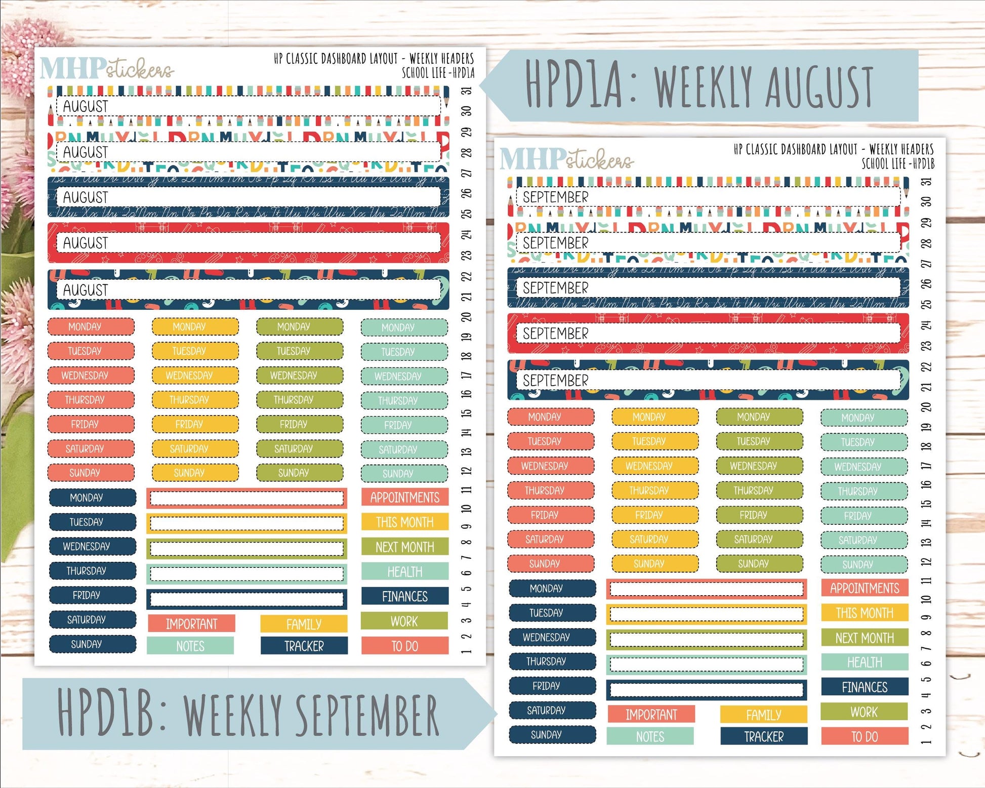 AUGUST & SEPTEMBER Stickers for Happy Planner Classic Dashboard Layout. 2026 Collection. "School Life" || HPD