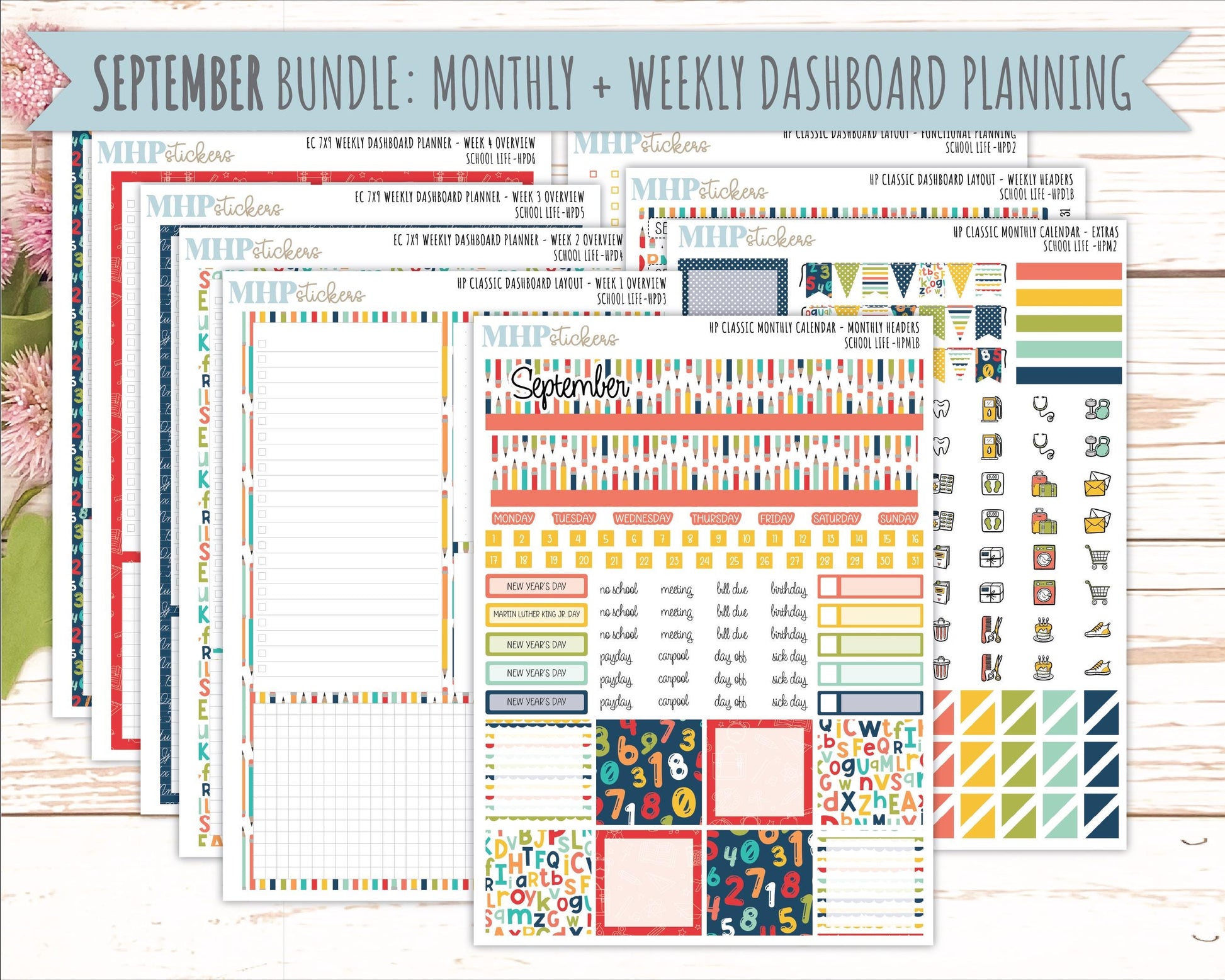 AUGUST & SEPTEMBER Stickers for Happy Planner Classic Dashboard Layout. 2026 Collection. "School Life" || HPD