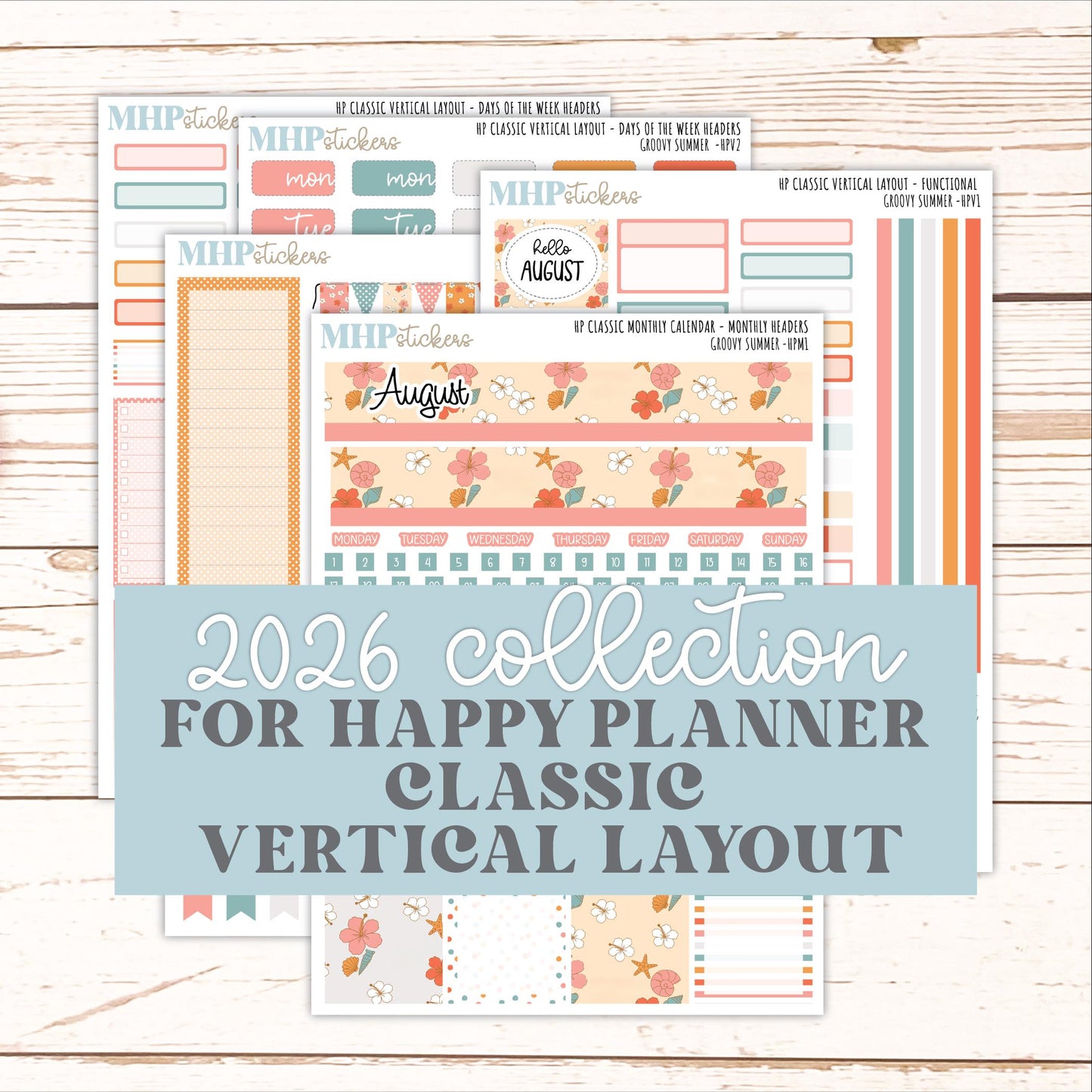 AUGUST Stickers for Happy Planner Classic Vertical Layout. 2026 Collection. "Groovy Summer" || HPV