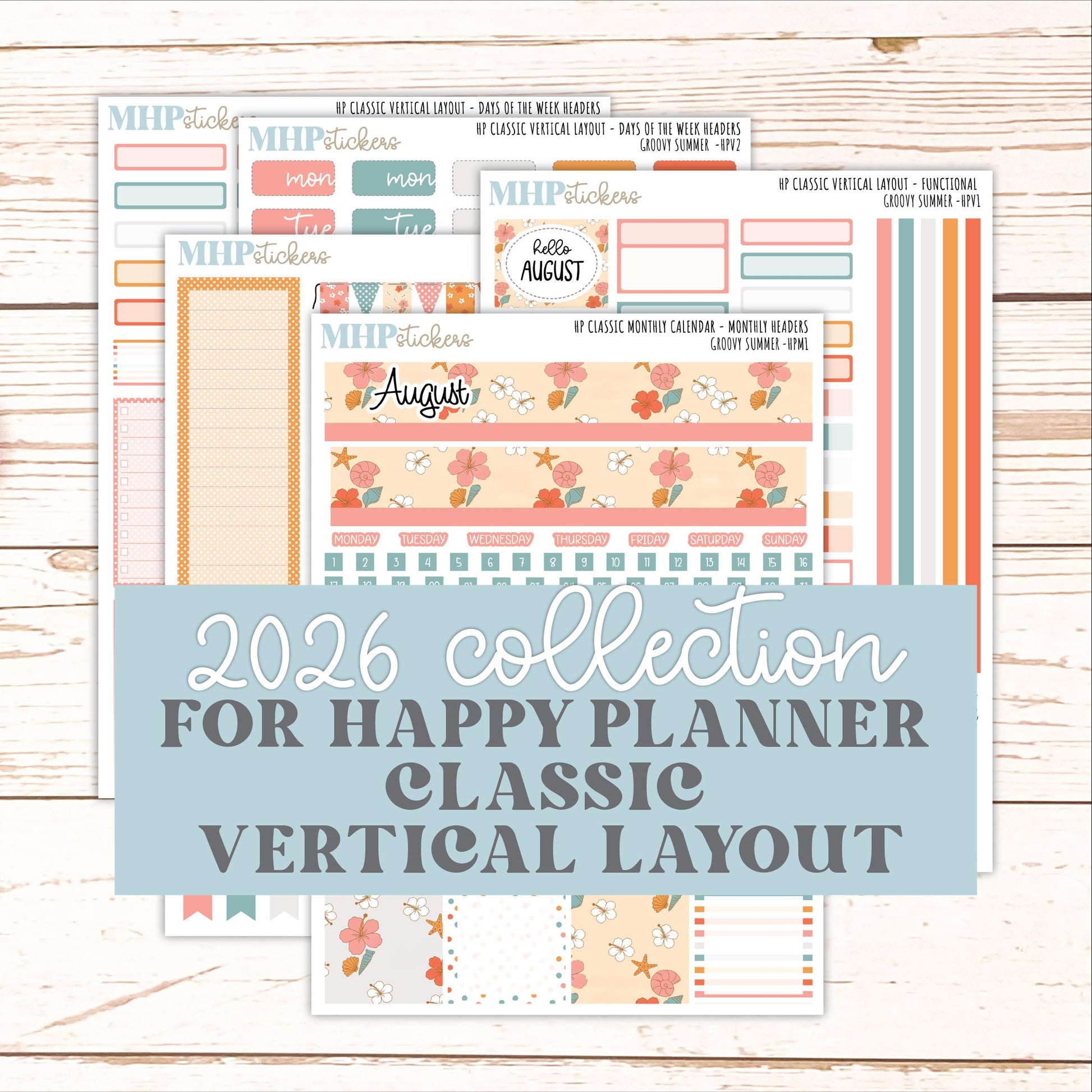 AUGUST Stickers for Happy Planner Classic Vertical Layout. 2026 Collection. "Groovy Summer" || HPV