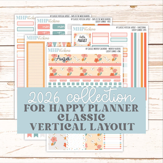 AUGUST Stickers for Happy Planner Classic Vertical Layout. 2026 Collection. "Groovy Summer" || HPV