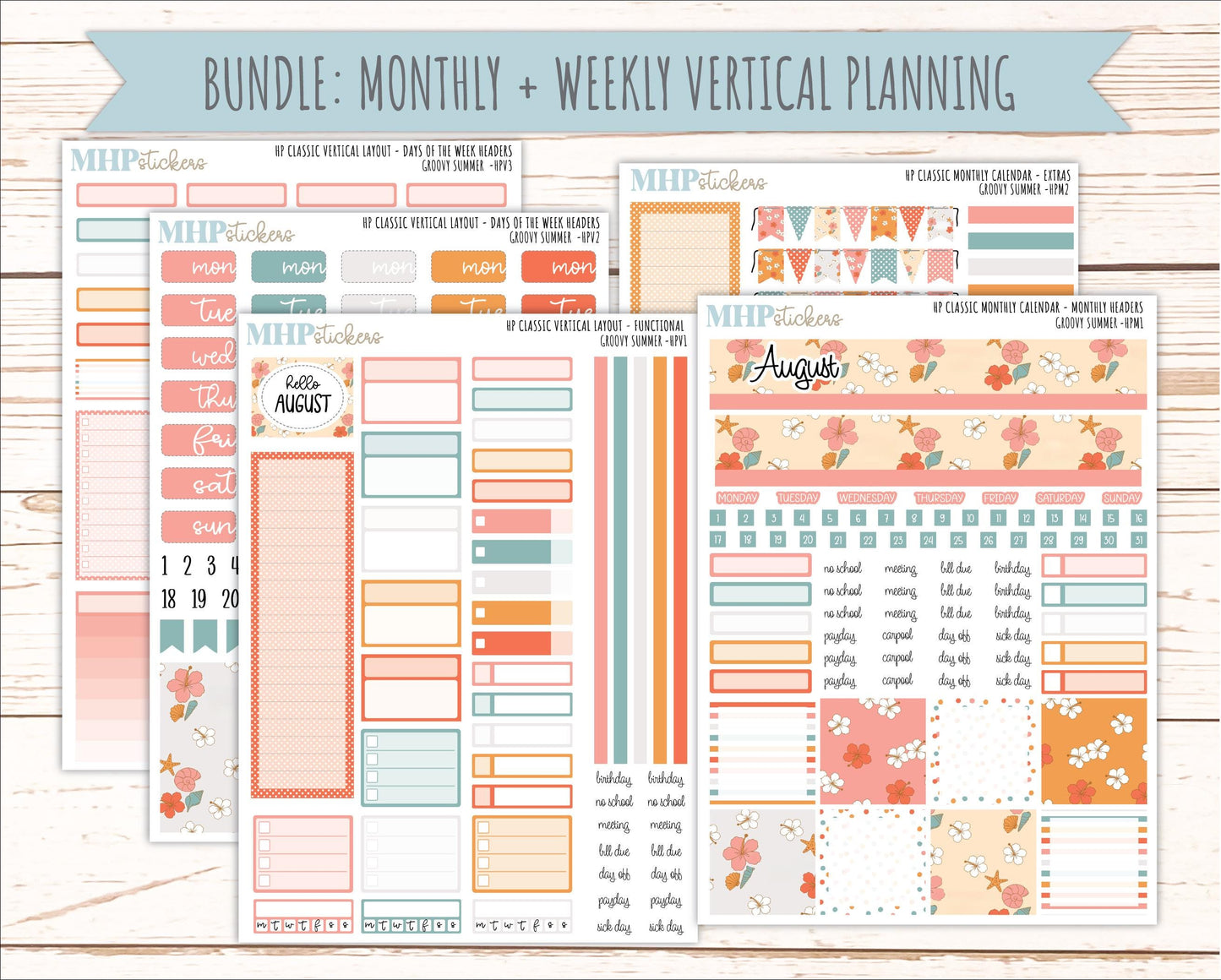 AUGUST Stickers for Happy Planner Classic Vertical Layout. 2026 Collection. "Groovy Summer" || HPV