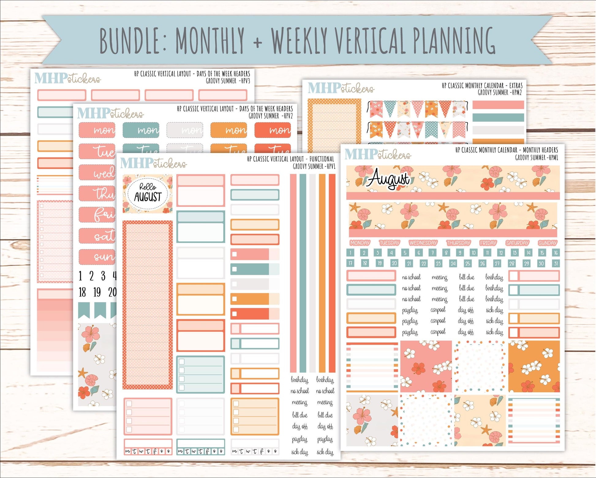AUGUST Stickers for Happy Planner Classic Vertical Layout. 2026 Collection. "Groovy Summer" || HPV