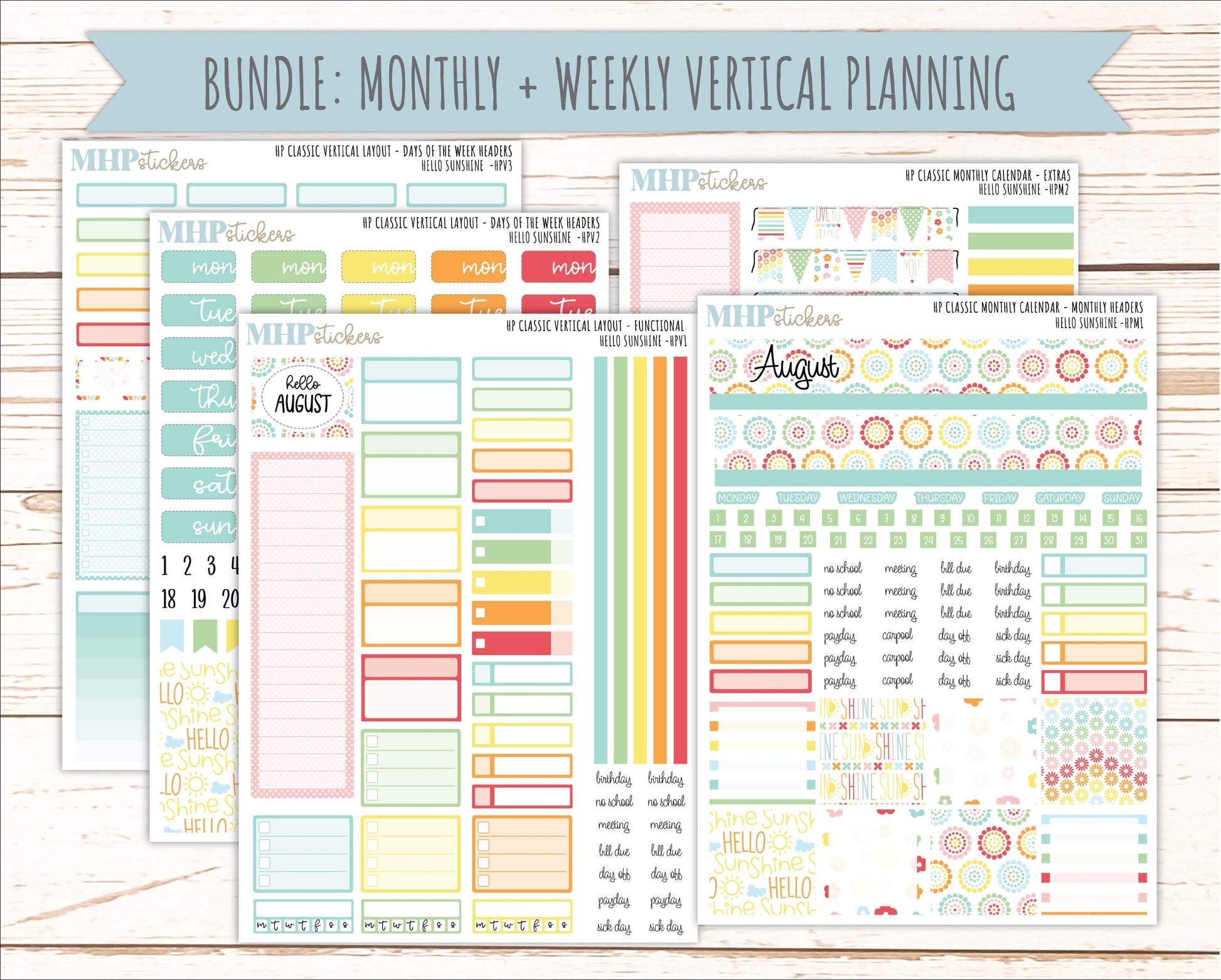 AUGUST Stickers for Happy Planner Classic Vertical Layout. 2026 Collection. "Hello Sunshine" || HPV