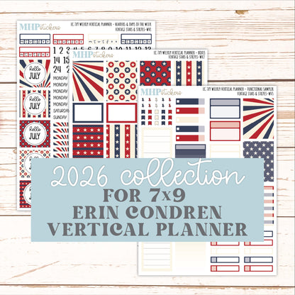 JULY Weekly Vertical Kits for 7x9 Erin Condren Planners. 2026 Collection "Vintage Stars & Stripes" || ECWV