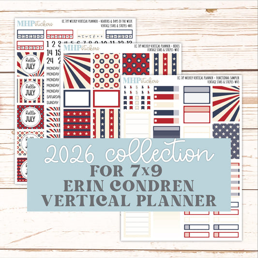 JULY Weekly Vertical Kits for 7x9 Erin Condren Planners. 2026 Collection "Vintage Stars & Stripes" || ECWV