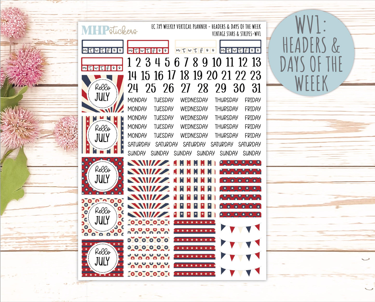 JULY Weekly Vertical Kits for 7x9 Erin Condren Planners. 2026 Collection "Vintage Stars & Stripes" || ECWV
