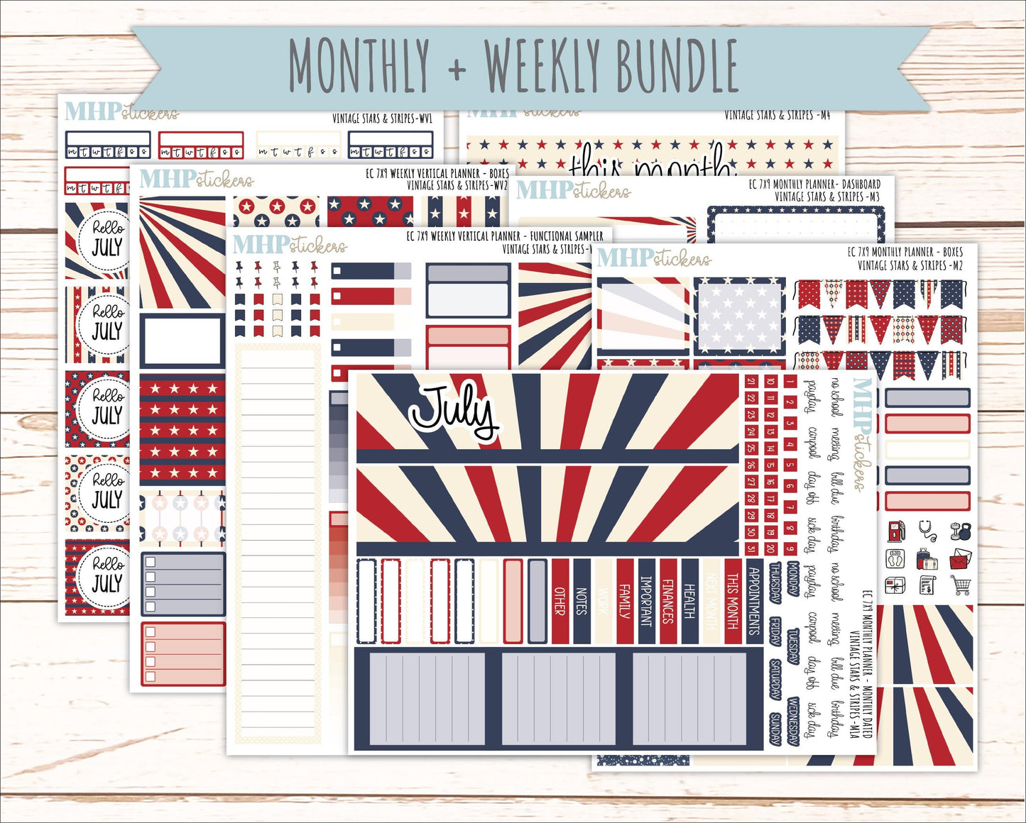 JULY Weekly Vertical Kits for 7x9 Erin Condren Planners. 2026 Collection "Vintage Stars & Stripes" || ECWV