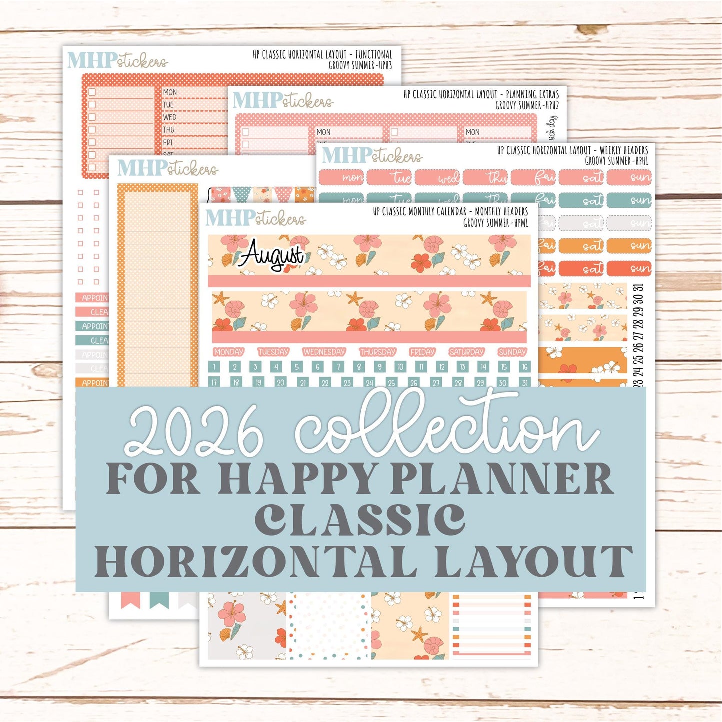 AUGUST Stickers for Happy Planner Classic Horizontal Layout. 2026 Collection. "Groovy Summer" || HPH
