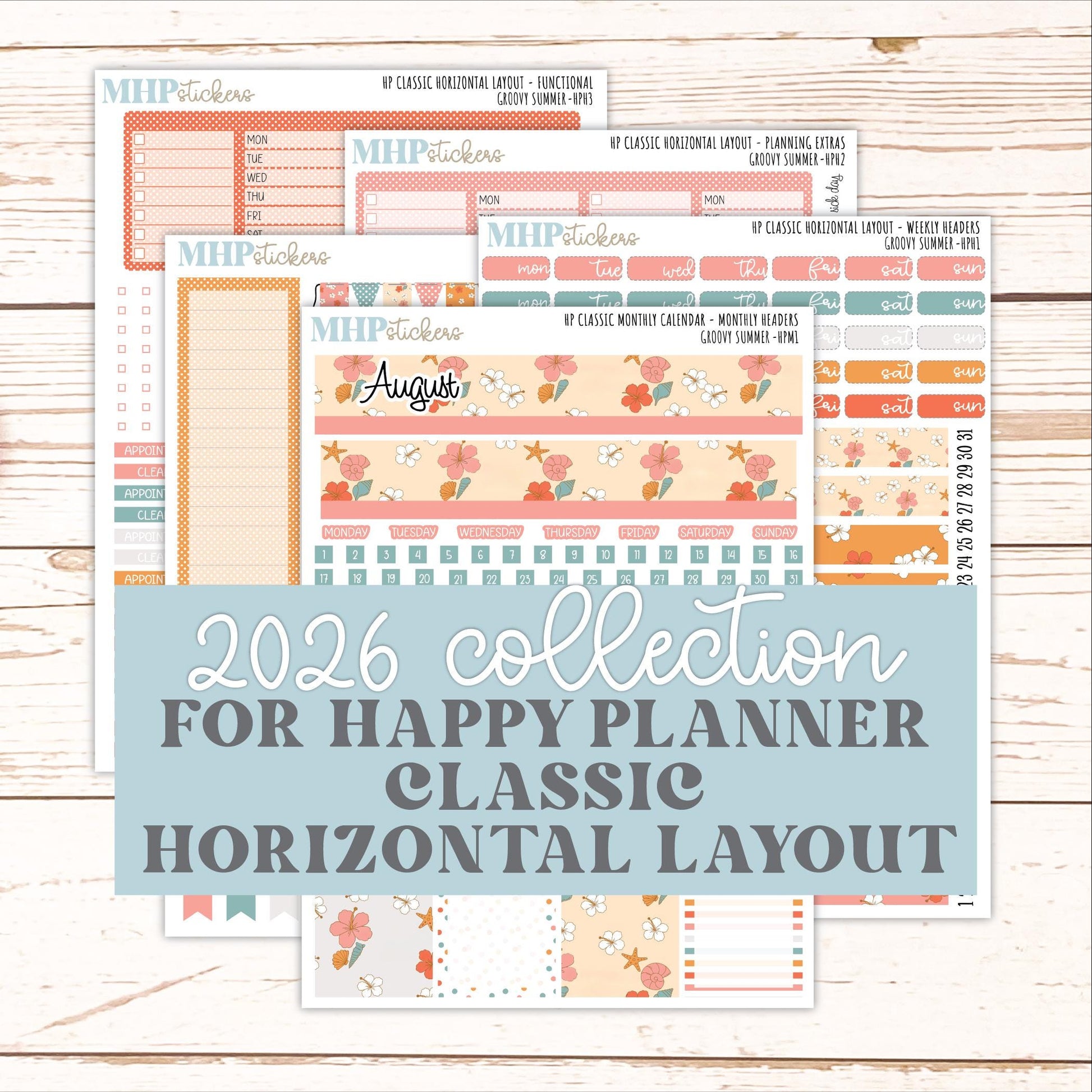 AUGUST Stickers for Happy Planner Classic Horizontal Layout. 2026 Collection. "Groovy Summer" || HPH