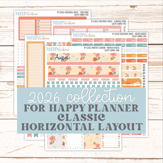 AUGUST Stickers for Happy Planner Classic Horizontal Layout. 2026 Collection. "Groovy Summer" || HPH