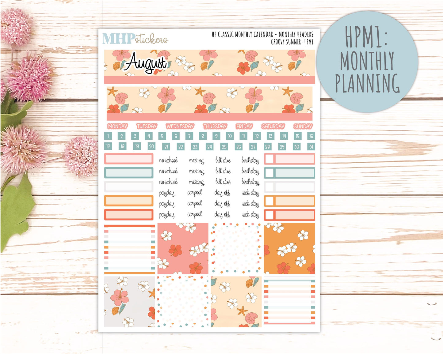 AUGUST Stickers for Happy Planner Classic Horizontal Layout. 2026 Collection. "Groovy Summer" || HPH